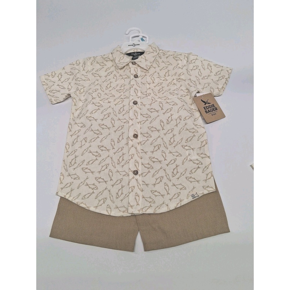 Eddie Bauer Boy's Khaki Shorts & Collard Short Sleeve Shirt Outfit Size 5 NWT